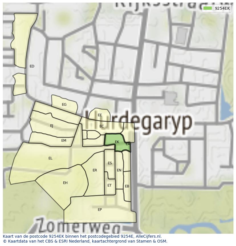 Afbeelding van het postcodegebied 9254 EK op de kaart.