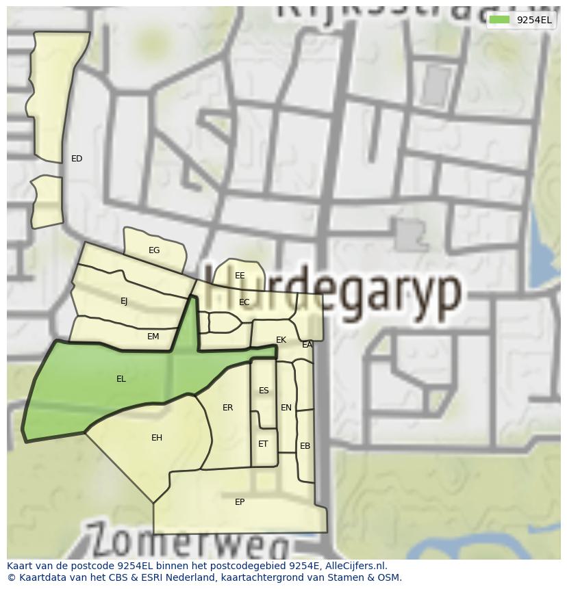 Afbeelding van het postcodegebied 9254 EL op de kaart.