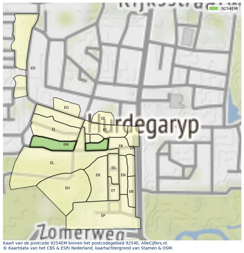 Afbeelding van het postcodegebied 9254 EM op de kaart.