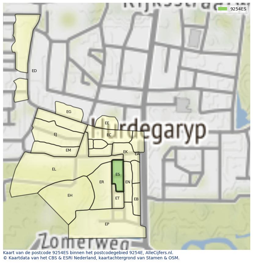 Afbeelding van het postcodegebied 9254 ES op de kaart.