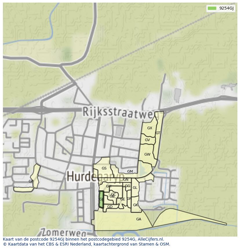 Afbeelding van het postcodegebied 9254 GJ op de kaart.