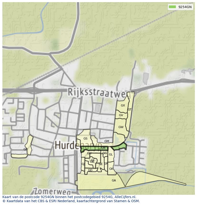 Afbeelding van het postcodegebied 9254 GN op de kaart.