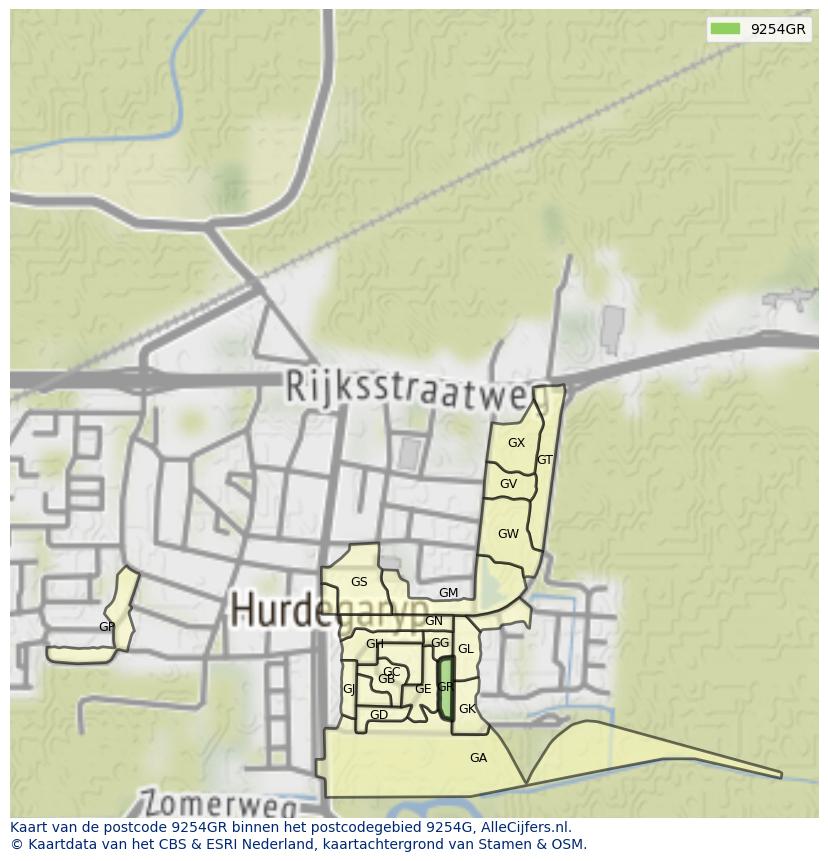 Afbeelding van het postcodegebied 9254 GR op de kaart.