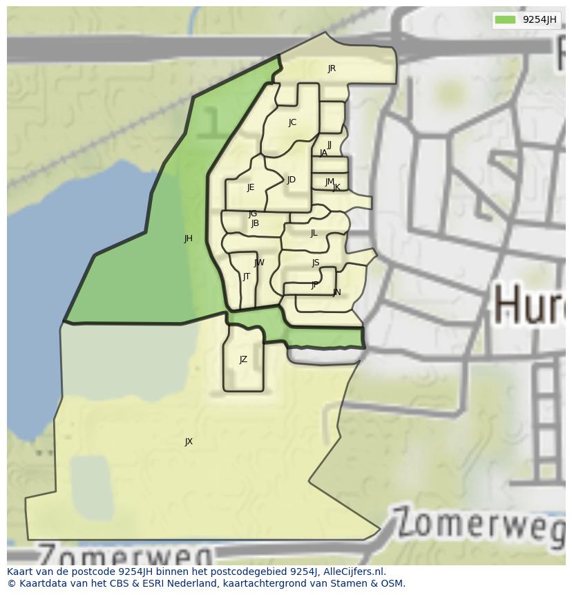 Afbeelding van het postcodegebied 9254 JH op de kaart.