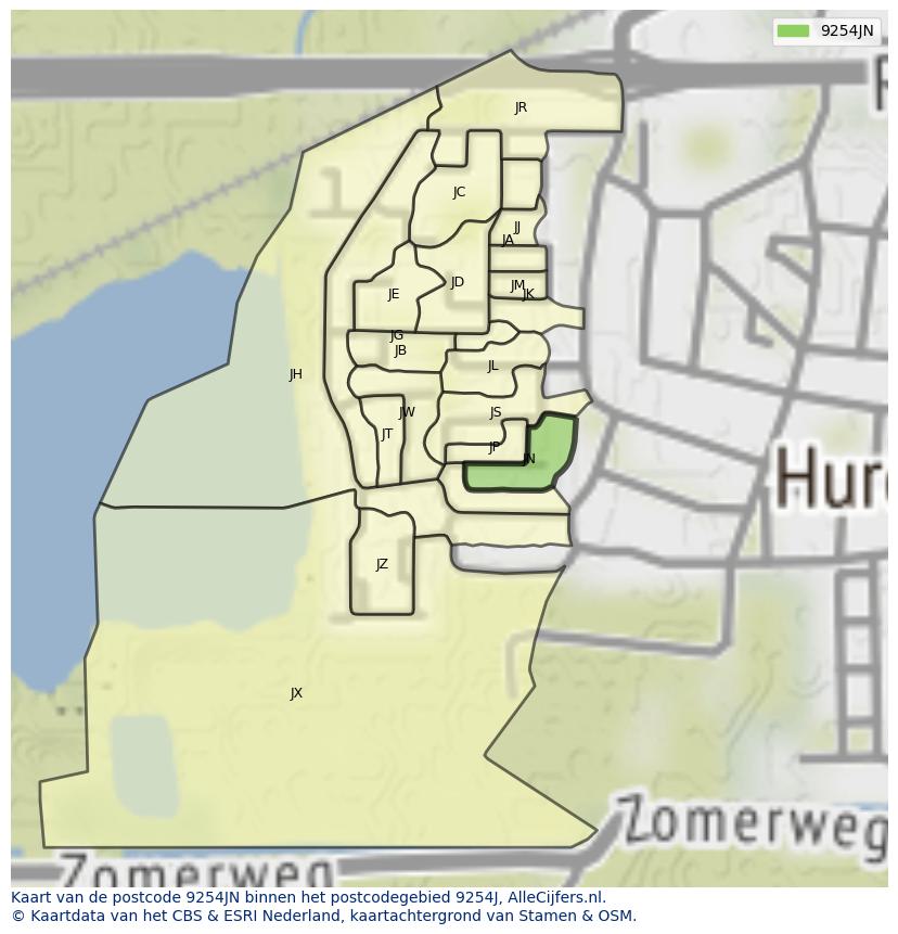 Afbeelding van het postcodegebied 9254 JN op de kaart.
