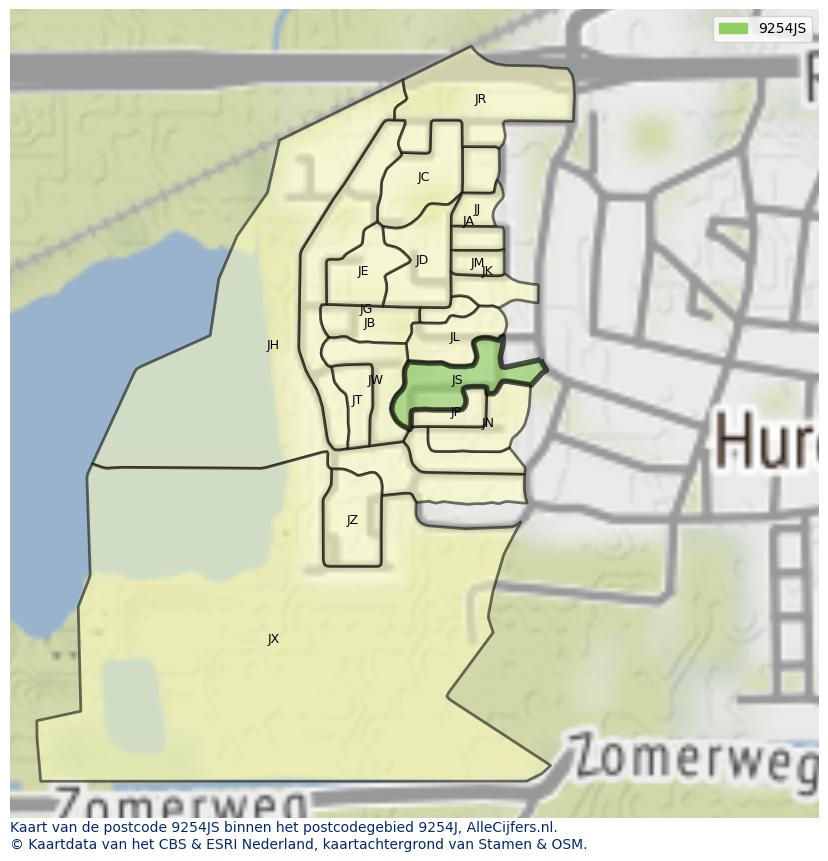 Afbeelding van het postcodegebied 9254 JS op de kaart.