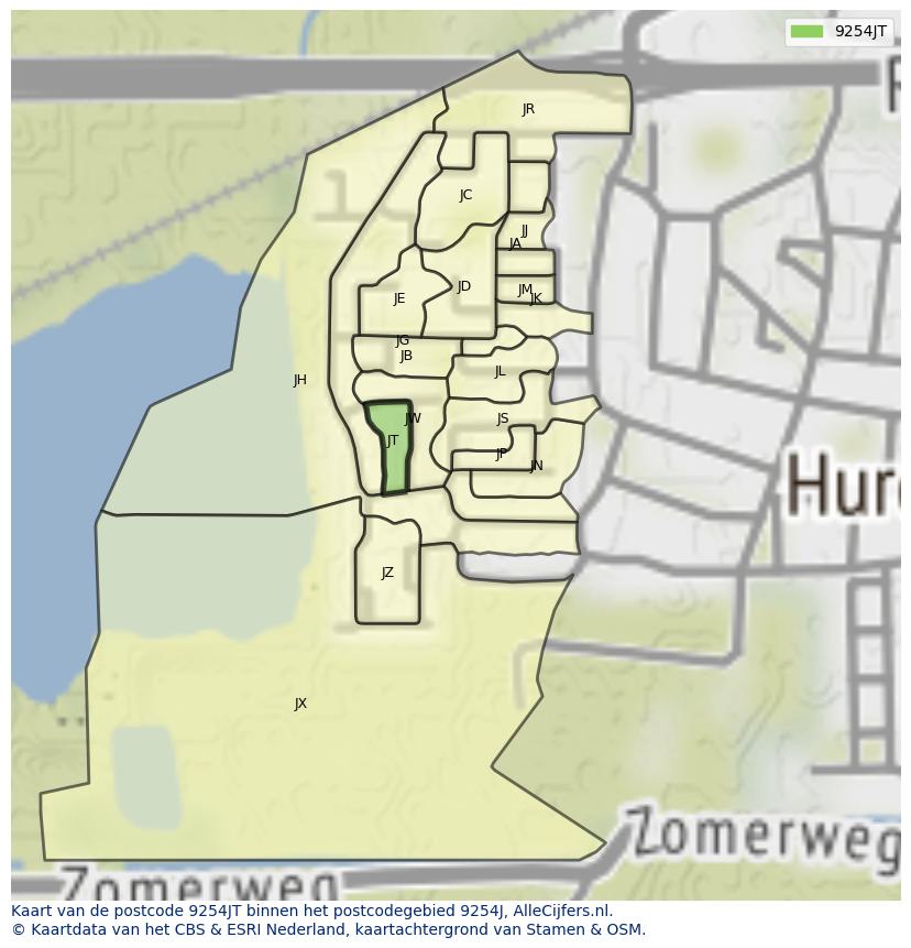 Afbeelding van het postcodegebied 9254 JT op de kaart.