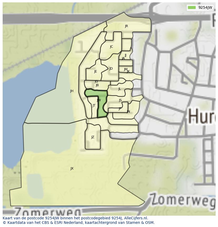 Afbeelding van het postcodegebied 9254 JW op de kaart.