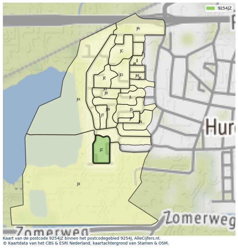 Afbeelding van het postcodegebied 9254 JZ op de kaart.