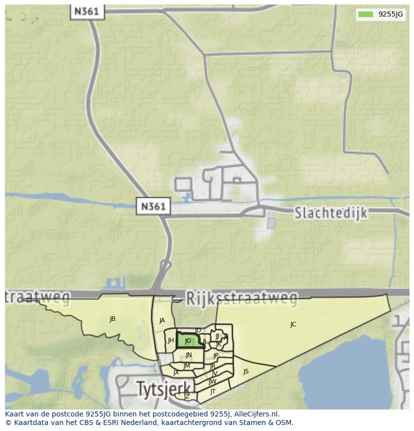 Afbeelding van het postcodegebied 9255 JG op de kaart.