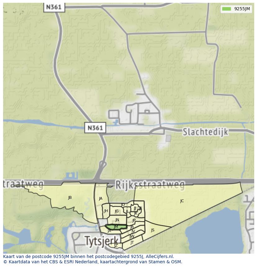 Afbeelding van het postcodegebied 9255 JM op de kaart.