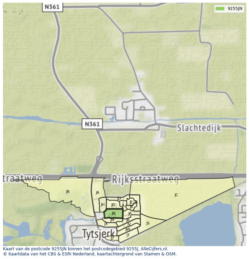 Afbeelding van het postcodegebied 9255 JN op de kaart.