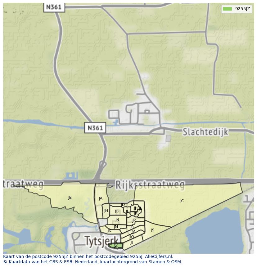 Afbeelding van het postcodegebied 9255 JZ op de kaart.