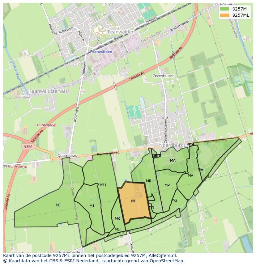 Afbeelding van het postcodegebied 9257 ML op de kaart.