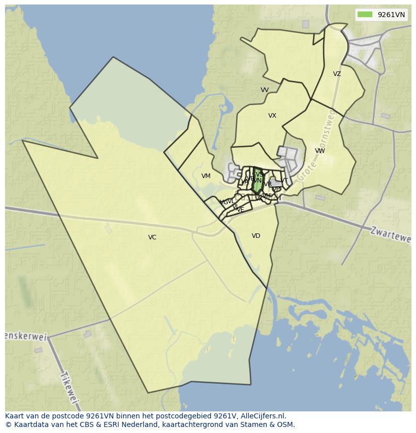 Afbeelding van het postcodegebied 9261 VN op de kaart.