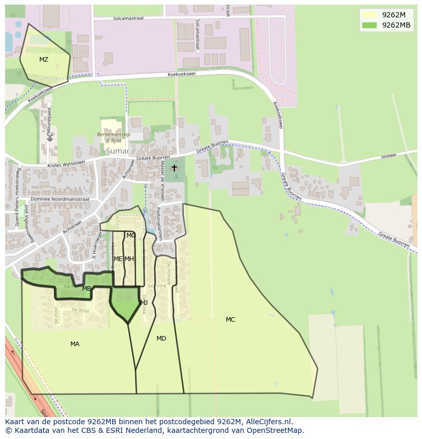 Afbeelding van het postcodegebied 9262 MB op de kaart.