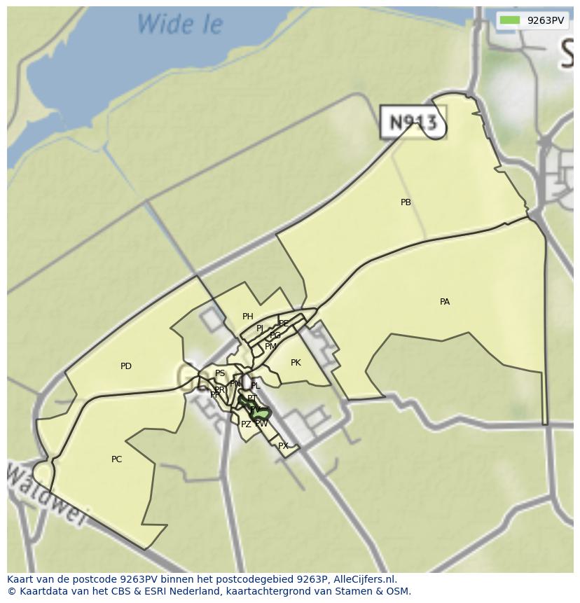 Afbeelding van het postcodegebied 9263 PV op de kaart.