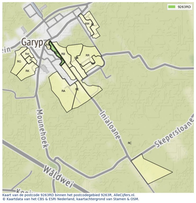 Afbeelding van het postcodegebied 9263 RD op de kaart.