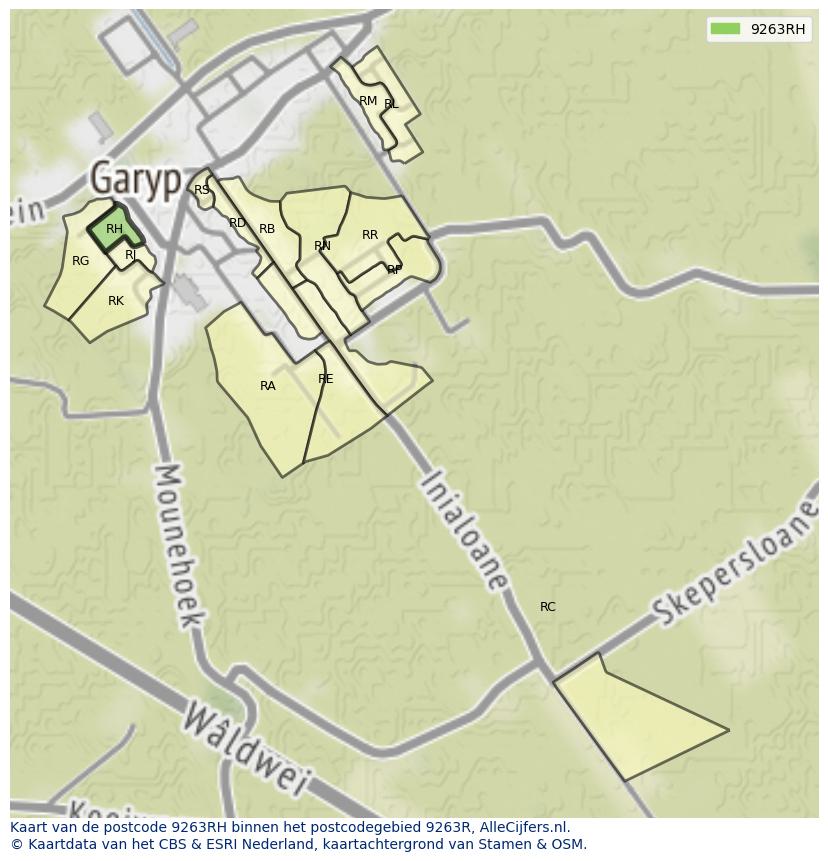 Afbeelding van het postcodegebied 9263 RH op de kaart.