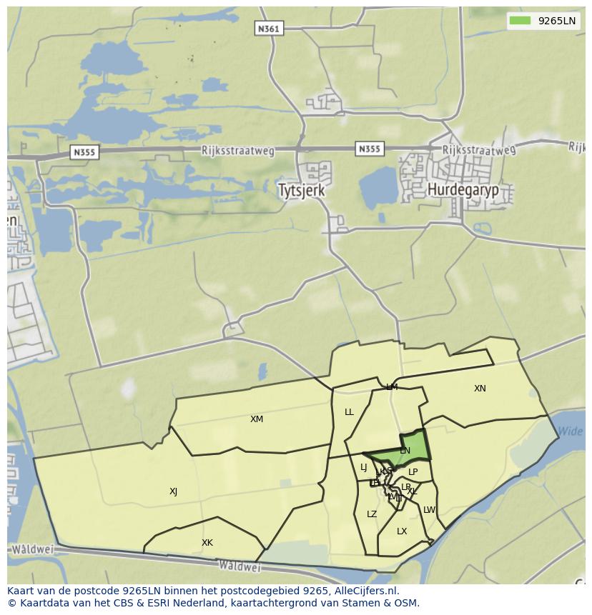 Afbeelding van het postcodegebied 9265 LN op de kaart.