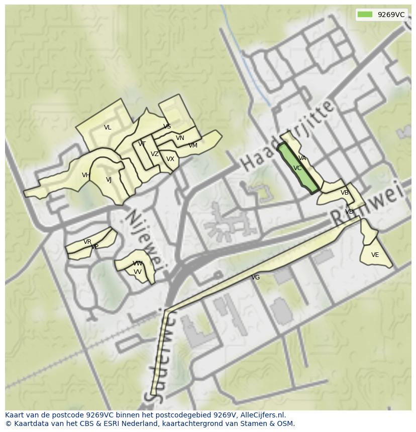 Afbeelding van het postcodegebied 9269 VC op de kaart.