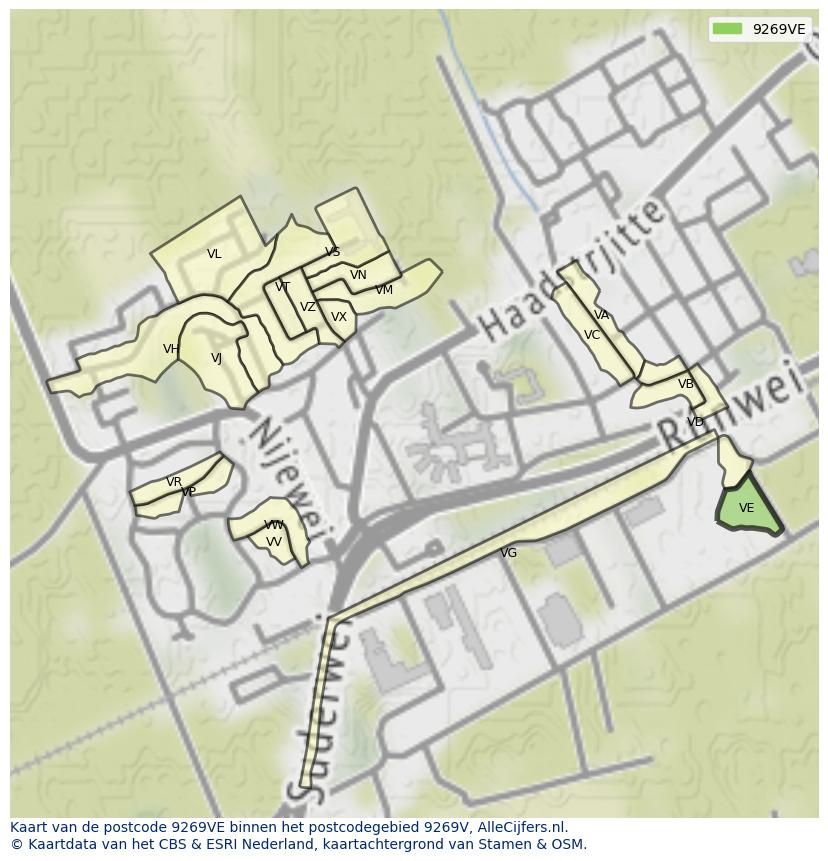 Afbeelding van het postcodegebied 9269 VE op de kaart.