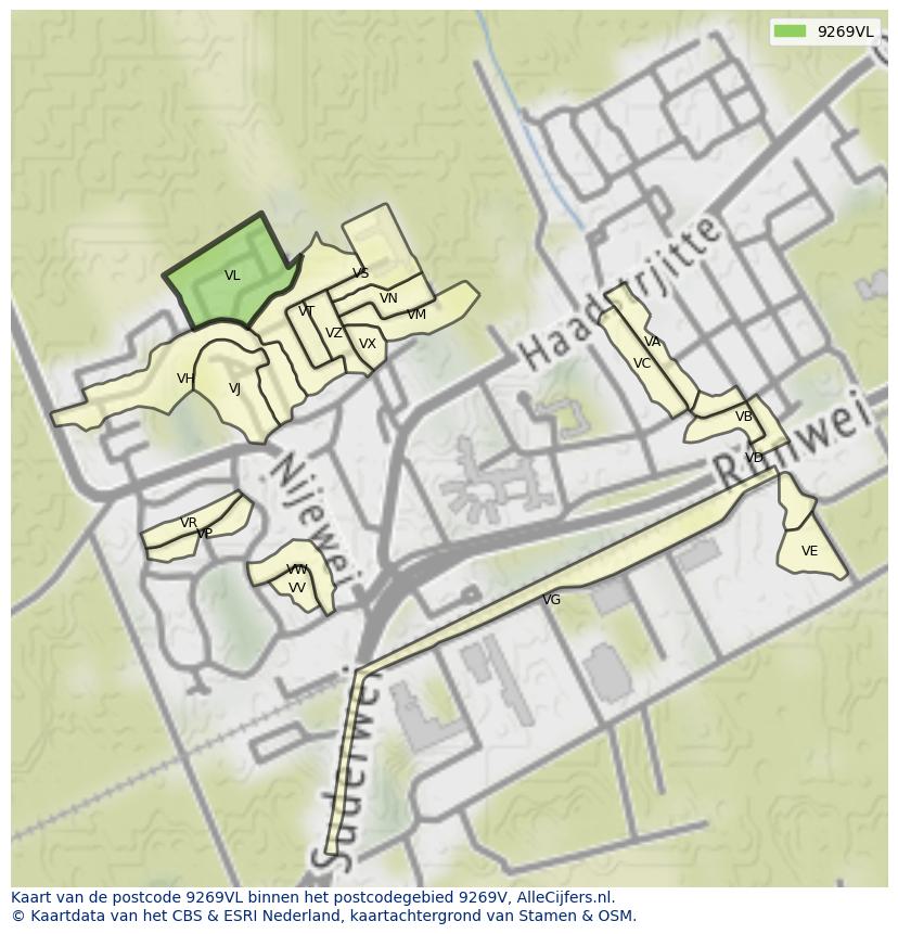 Afbeelding van het postcodegebied 9269 VL op de kaart.