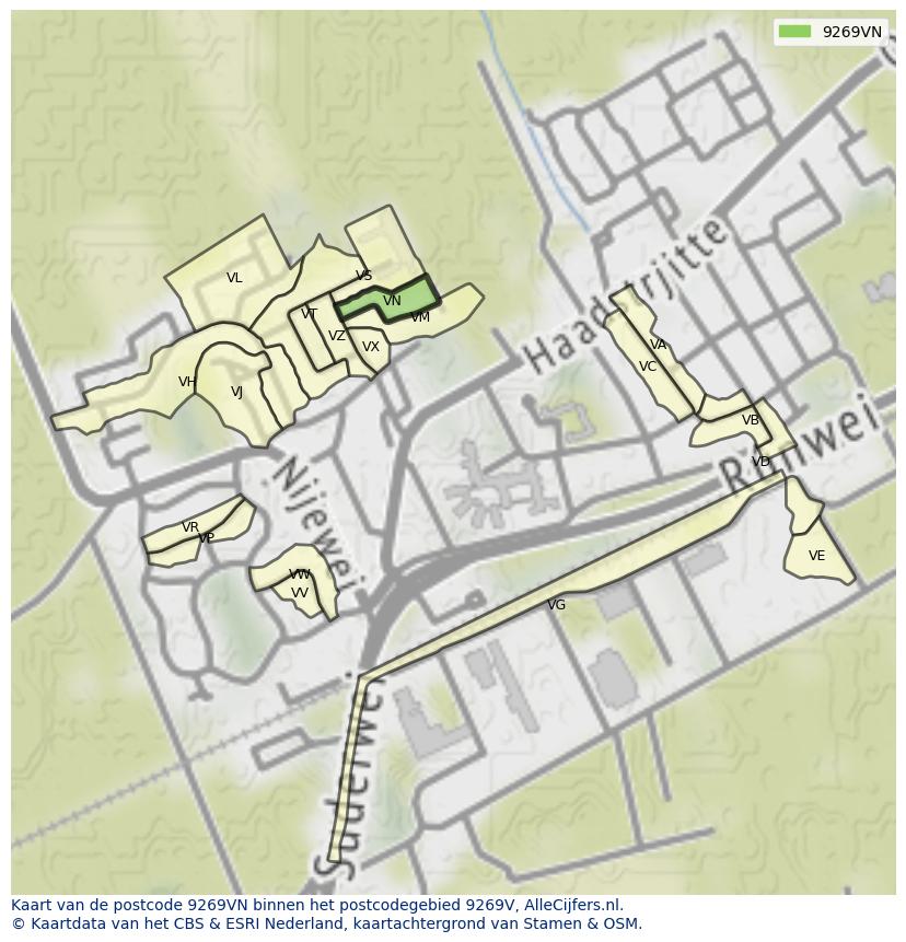 Afbeelding van het postcodegebied 9269 VN op de kaart.