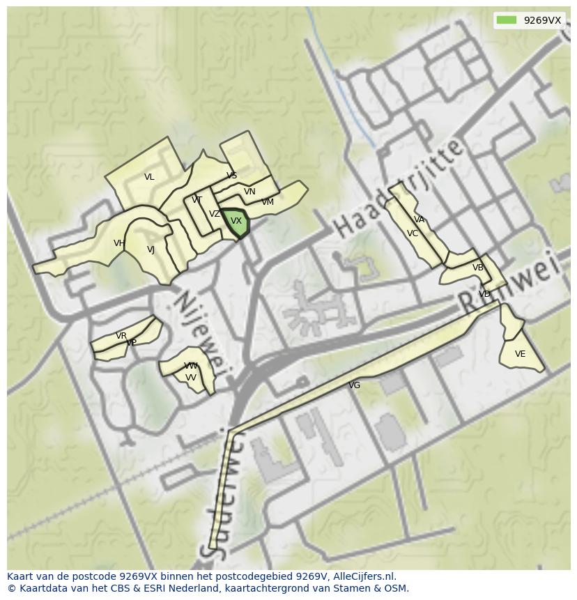 Afbeelding van het postcodegebied 9269 VX op de kaart.
