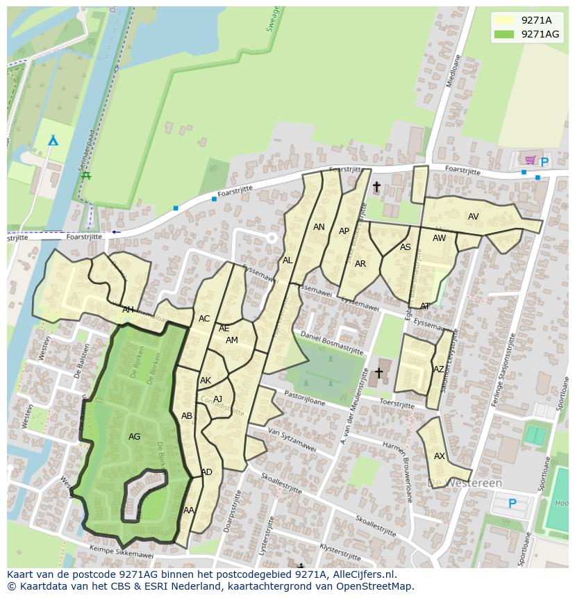Afbeelding van het postcodegebied 9271 AG op de kaart.