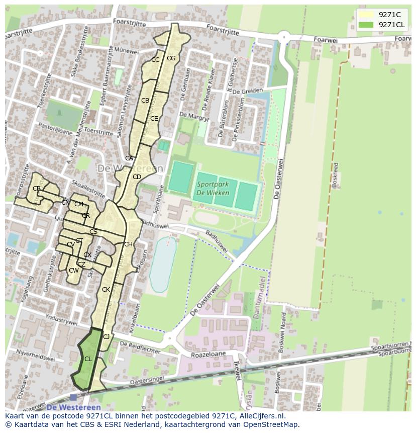 Afbeelding van het postcodegebied 9271 CL op de kaart.