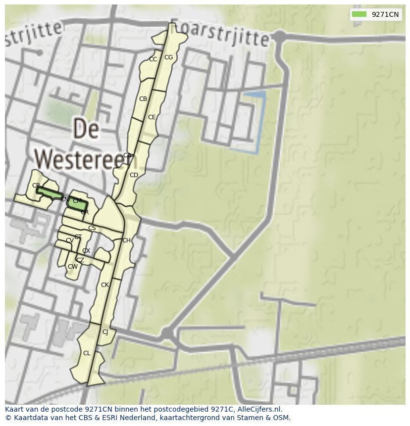 Afbeelding van het postcodegebied 9271 CN op de kaart.