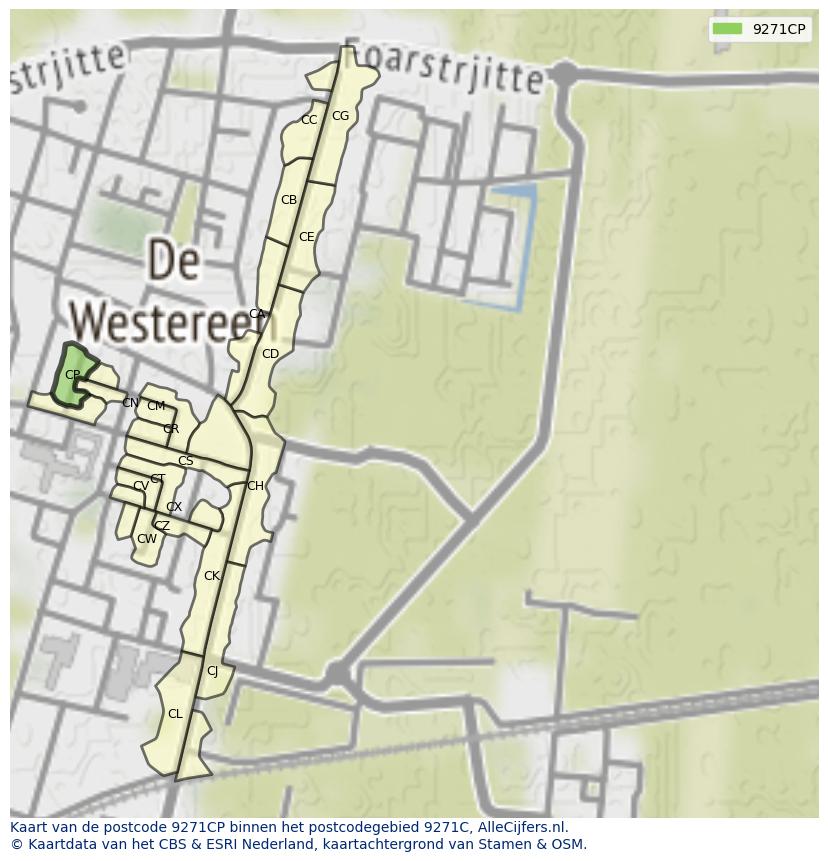 Afbeelding van het postcodegebied 9271 CP op de kaart.