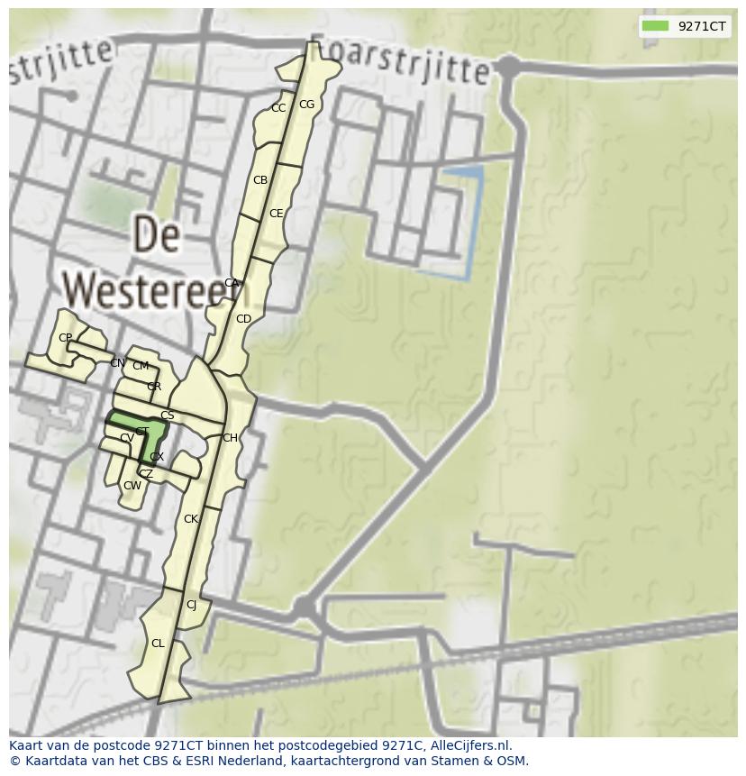 Afbeelding van het postcodegebied 9271 CT op de kaart.