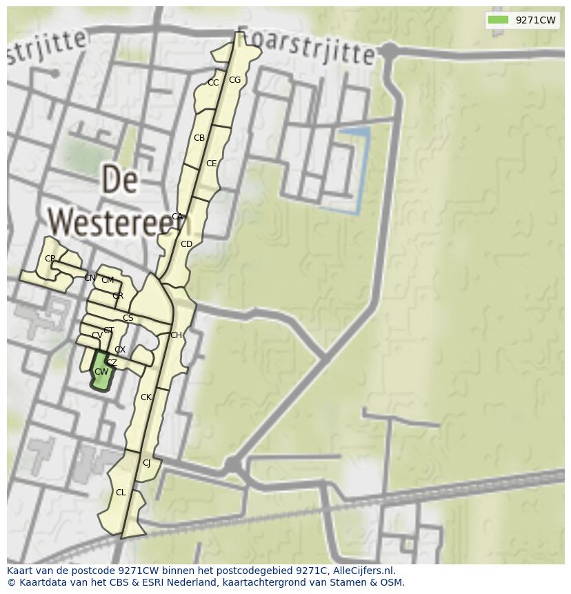 Afbeelding van het postcodegebied 9271 CW op de kaart.