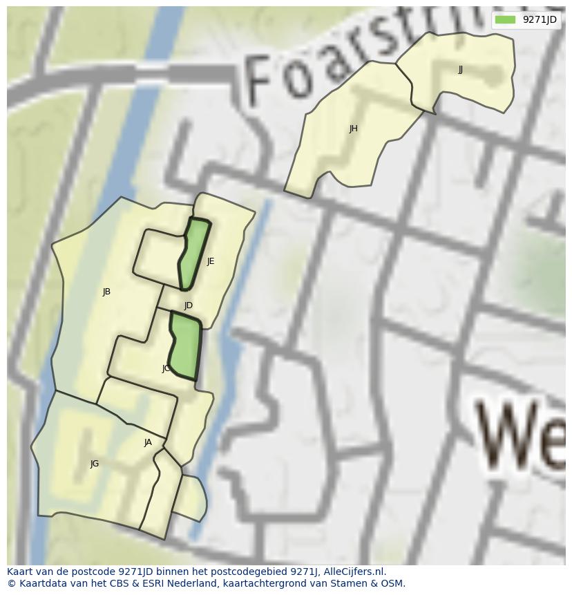 Afbeelding van het postcodegebied 9271 JD op de kaart.