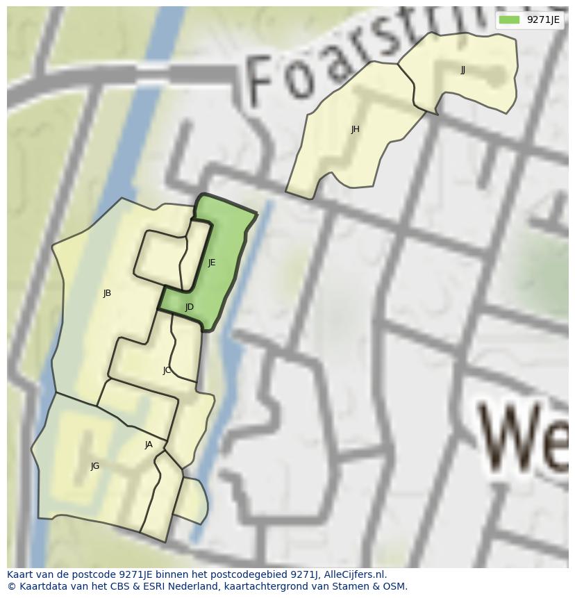 Afbeelding van het postcodegebied 9271 JE op de kaart.