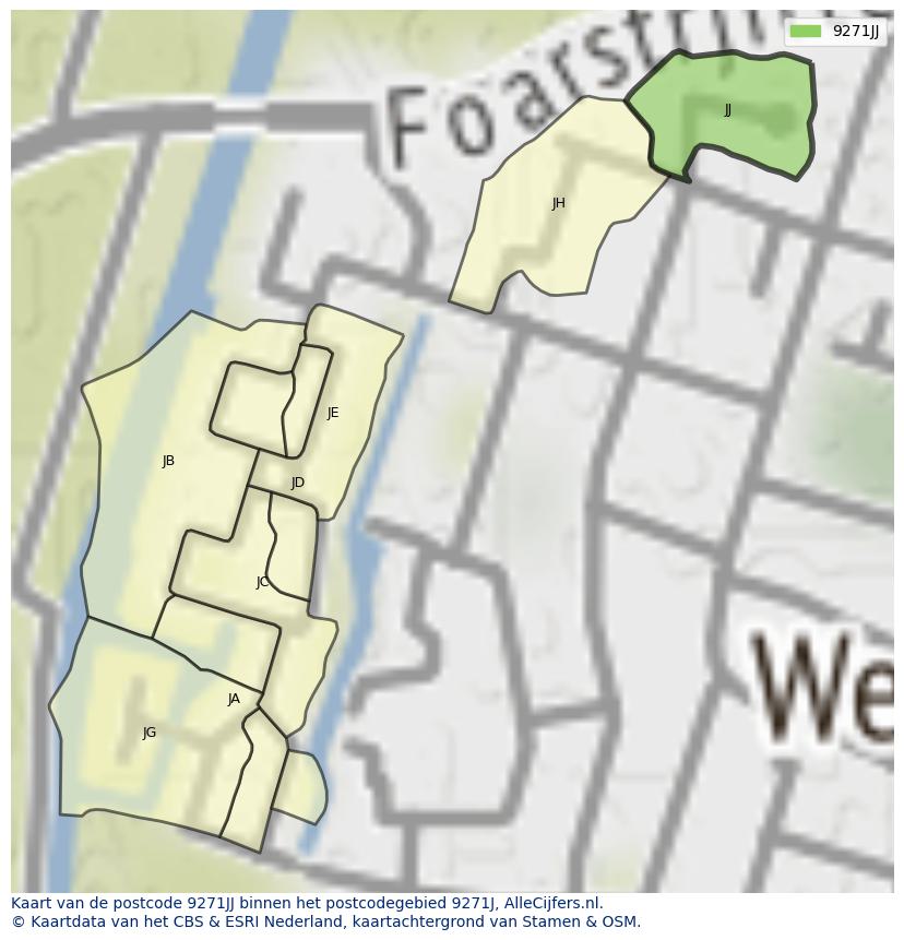 Afbeelding van het postcodegebied 9271 JJ op de kaart.