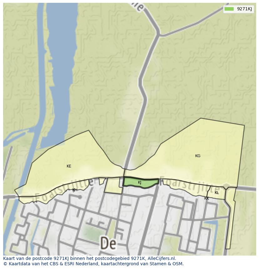 Afbeelding van het postcodegebied 9271 KJ op de kaart.