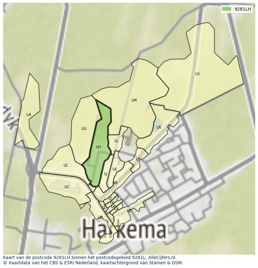 Afbeelding van het postcodegebied 9281 LH op de kaart.