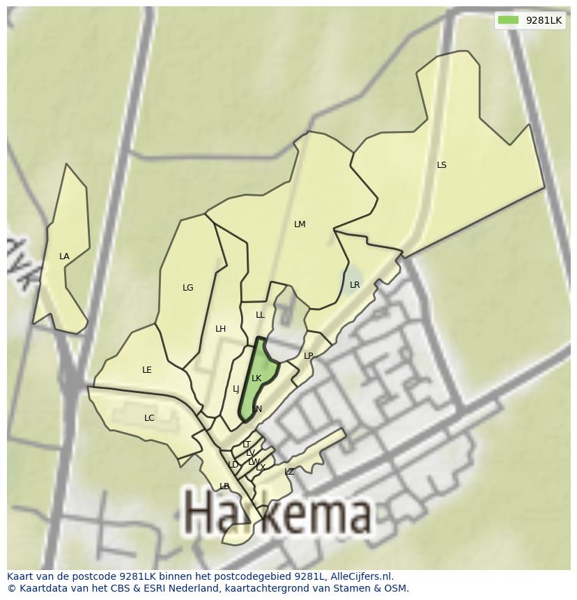 Afbeelding van het postcodegebied 9281 LK op de kaart.