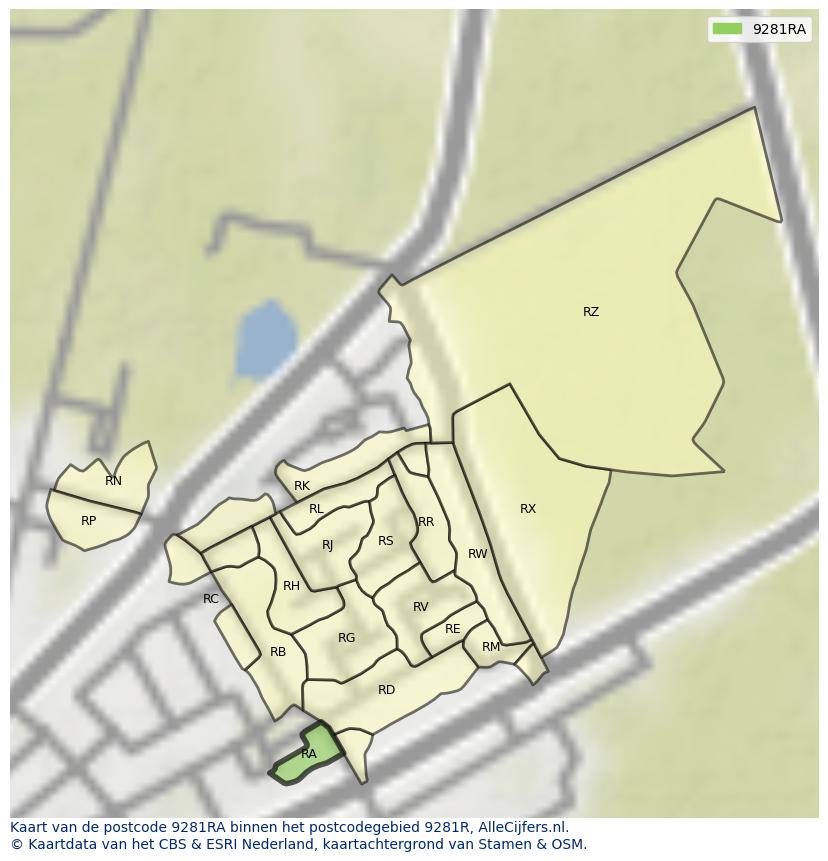 Afbeelding van het postcodegebied 9281 RA op de kaart.