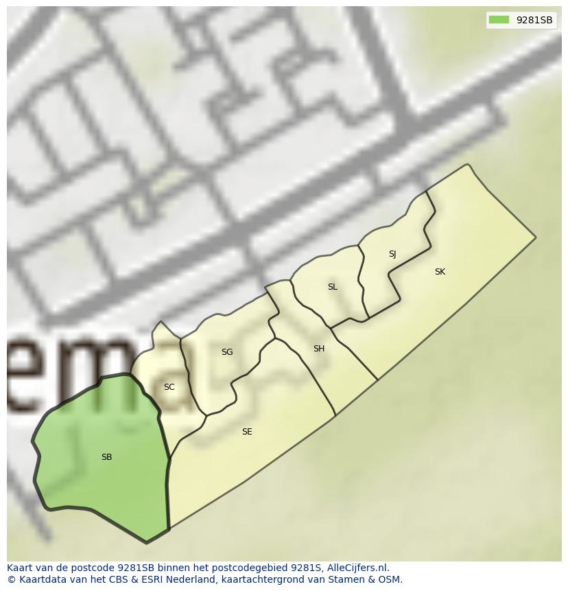 Afbeelding van het postcodegebied 9281 SB op de kaart.