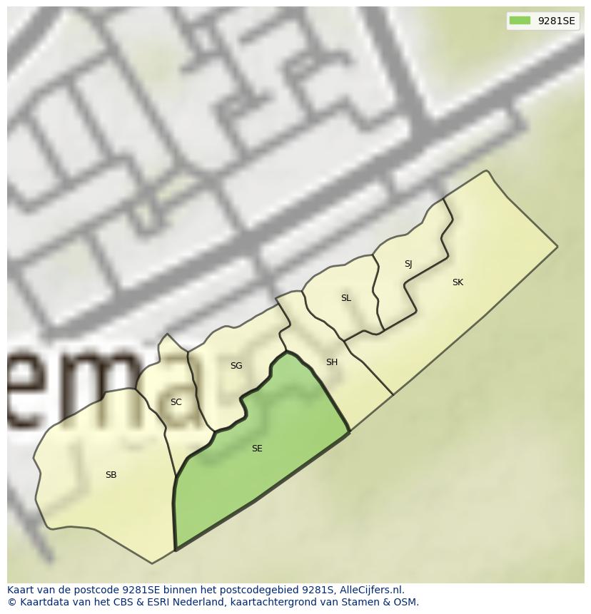 Afbeelding van het postcodegebied 9281 SE op de kaart.