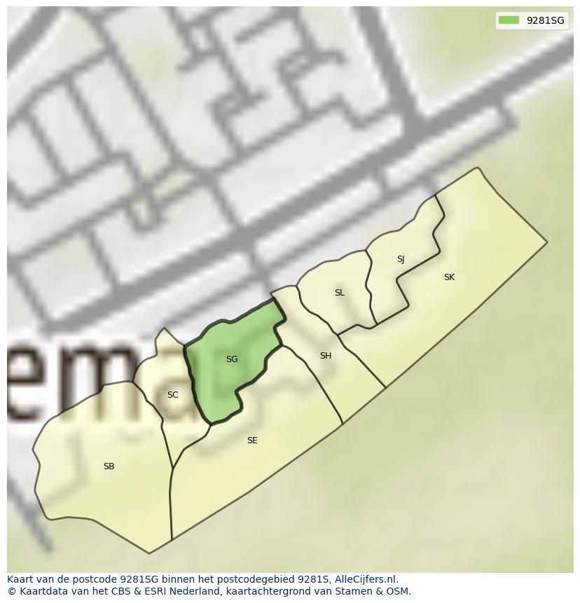 Afbeelding van het postcodegebied 9281 SG op de kaart.