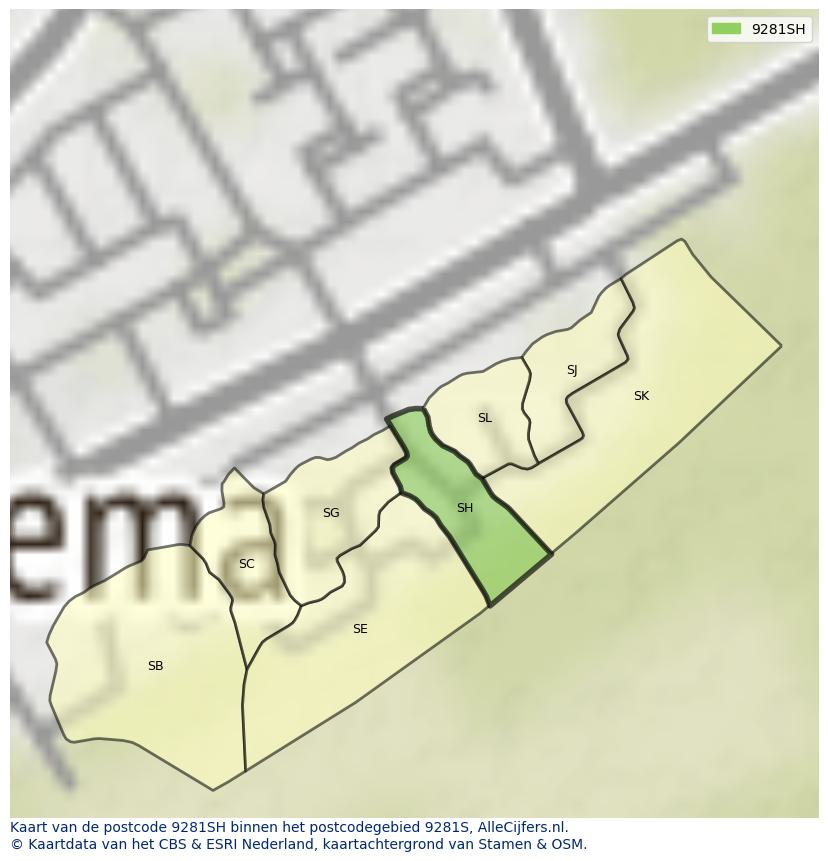 Afbeelding van het postcodegebied 9281 SH op de kaart.