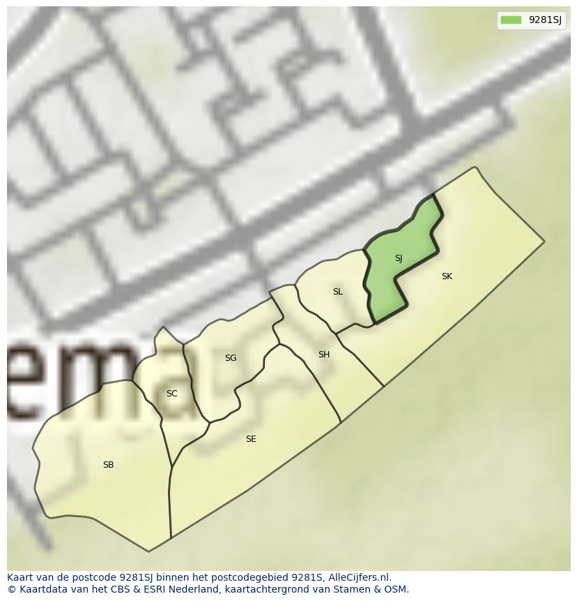 Afbeelding van het postcodegebied 9281 SJ op de kaart.