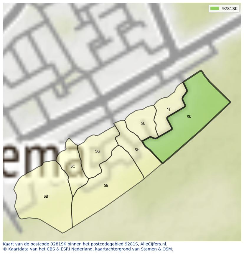 Afbeelding van het postcodegebied 9281 SK op de kaart.