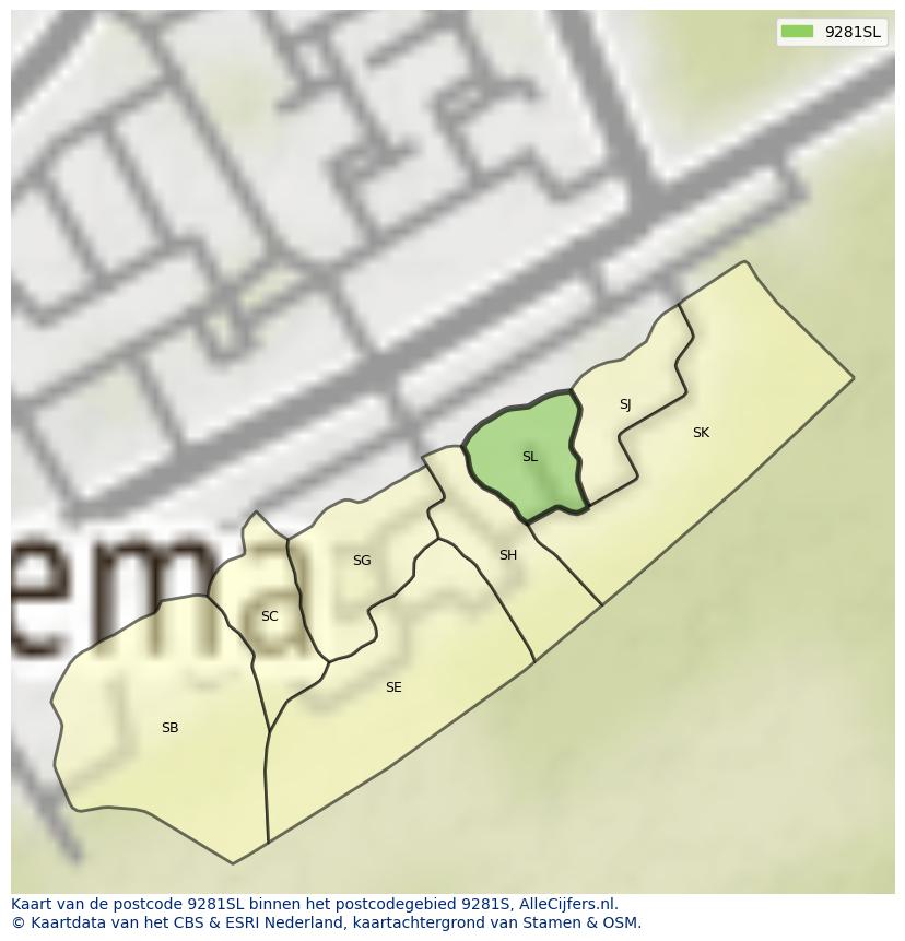 Afbeelding van het postcodegebied 9281 SL op de kaart.