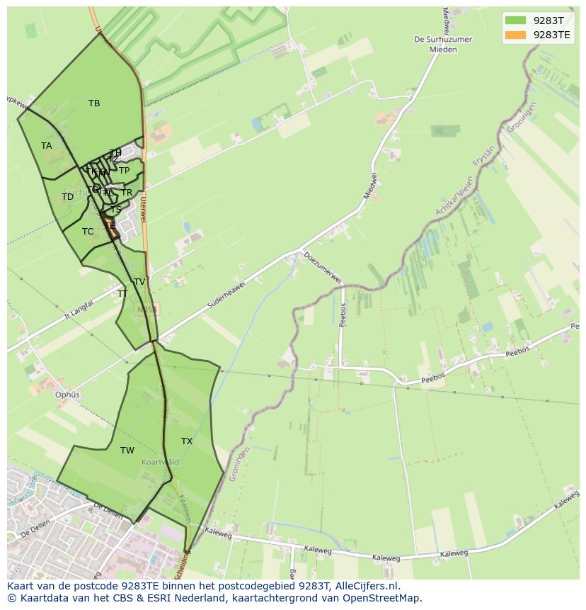 Afbeelding van het postcodegebied 9283 TE op de kaart.